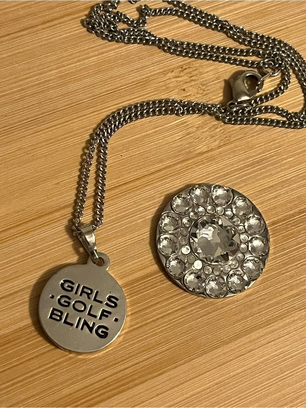 Girls Golf Bling Silver Pendant Necklace with Removable Crystal Ballmarker
